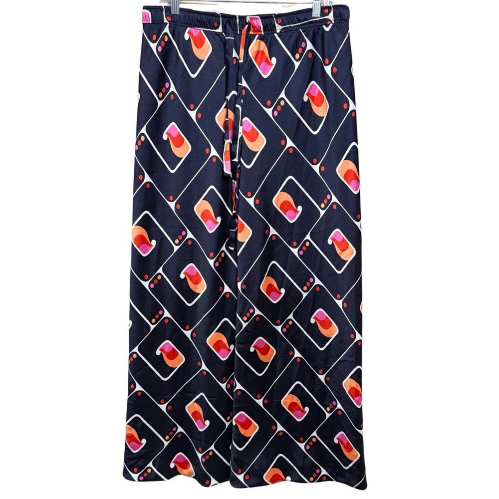 Zara Wide Leg Satin Pants Women’s Size L Navy Geometric Print Drawstring Waist